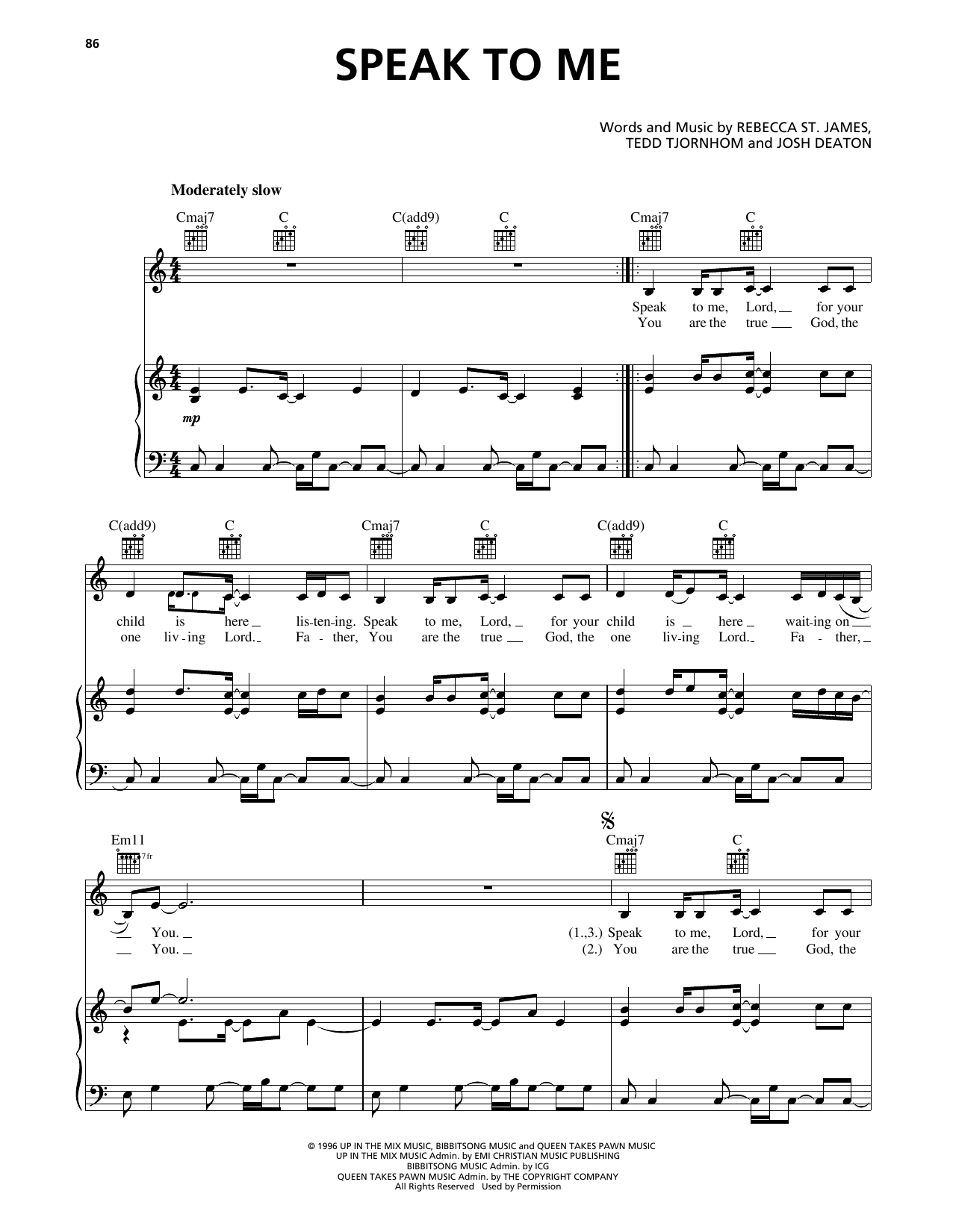 Rebecca St. James Speak To Me Sheet Music Notes & Chords for Piano, Vocal & Guitar Chords (Right-Hand Melody) - Download or Print PDF