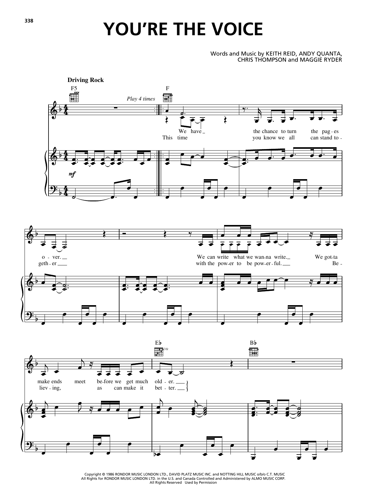 Rebecca St. James You're The Voice Sheet Music Notes & Chords for Piano, Vocal & Guitar Chords (Right-Hand Melody) - Download or Print PDF
