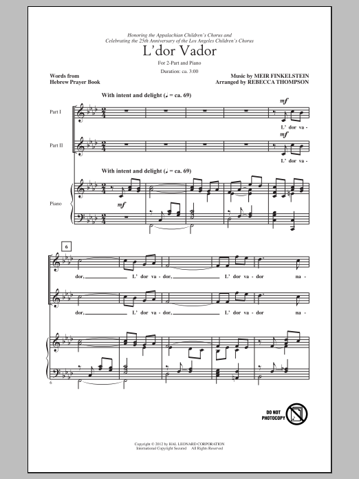 Rebecca Thompson L'Dor Vador Sheet Music Notes & Chords for 2-Part Choir - Download or Print PDF
