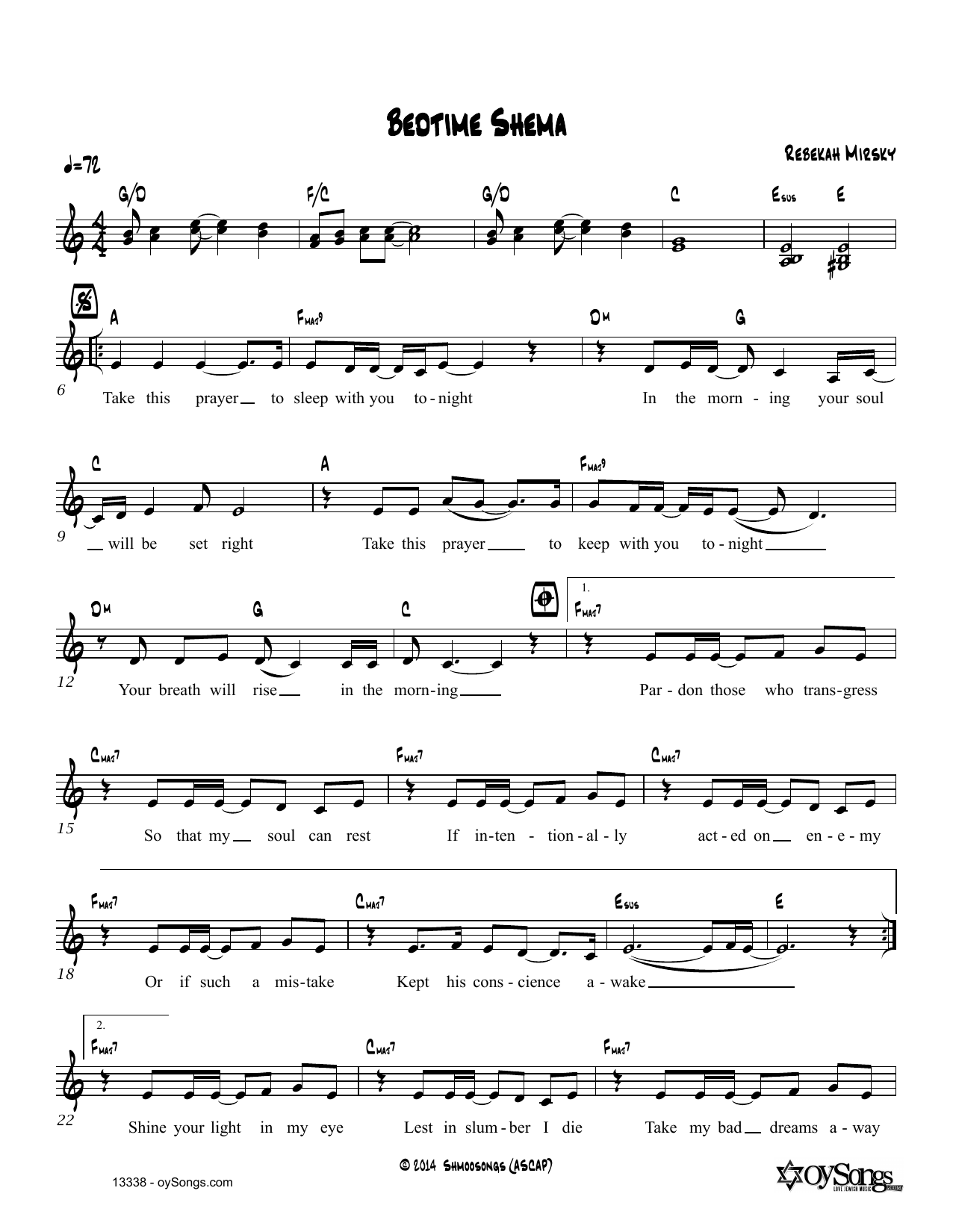 Rebecca Mirsky Bedtime Shema Sheet Music Notes & Chords for Real Book – Melody, Lyrics & Chords - Download or Print PDF