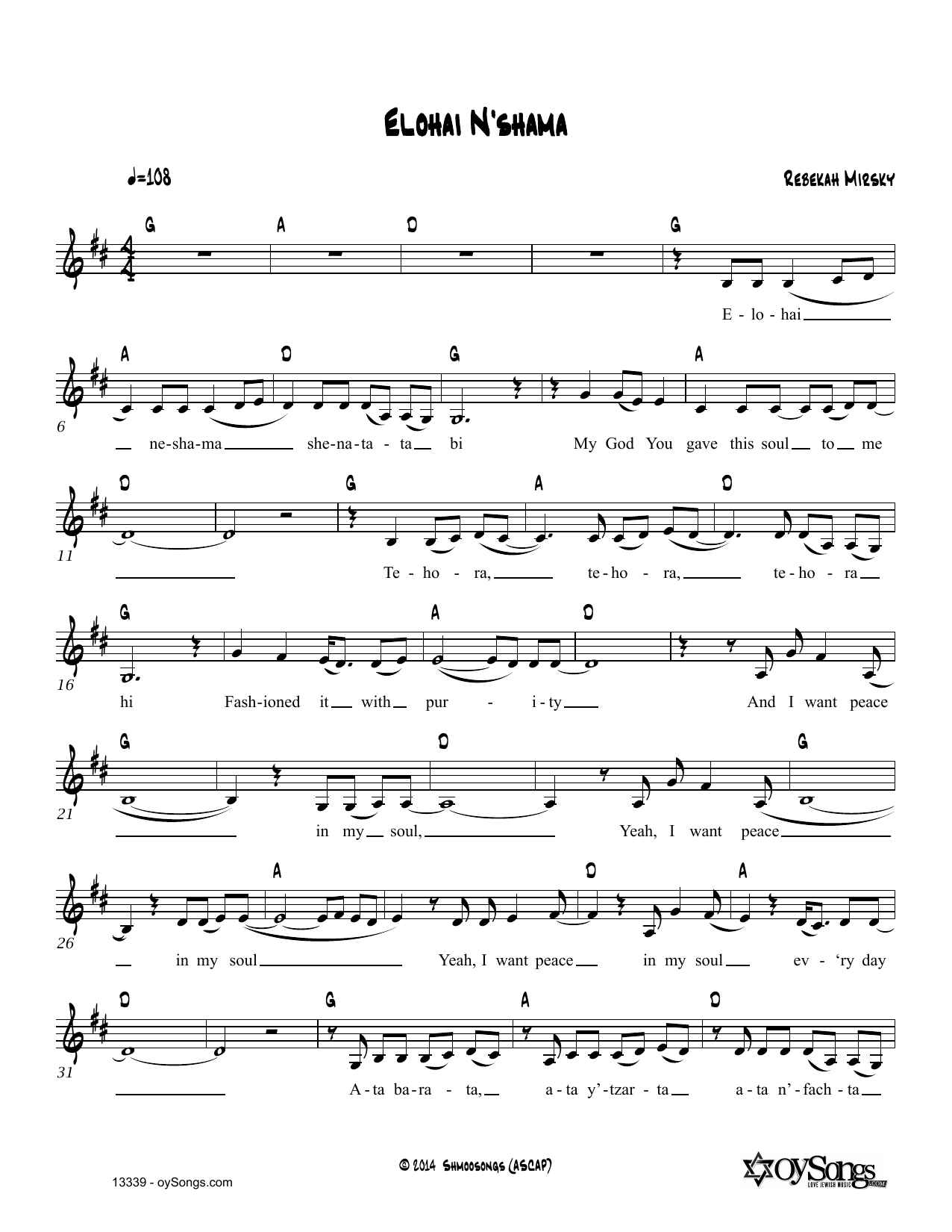 Rebecca Mirsky Elohai N'shama Sheet Music Notes & Chords for Real Book – Melody, Lyrics & Chords - Download or Print PDF