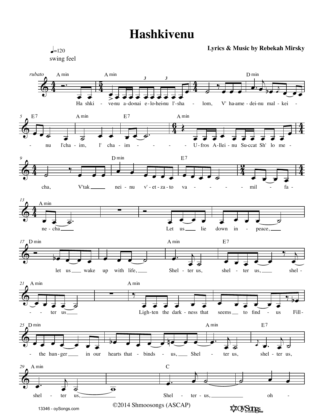 Rebecca Mirsky Hashkivenu Sheet Music Notes & Chords for Real Book – Melody, Lyrics & Chords - Download or Print PDF