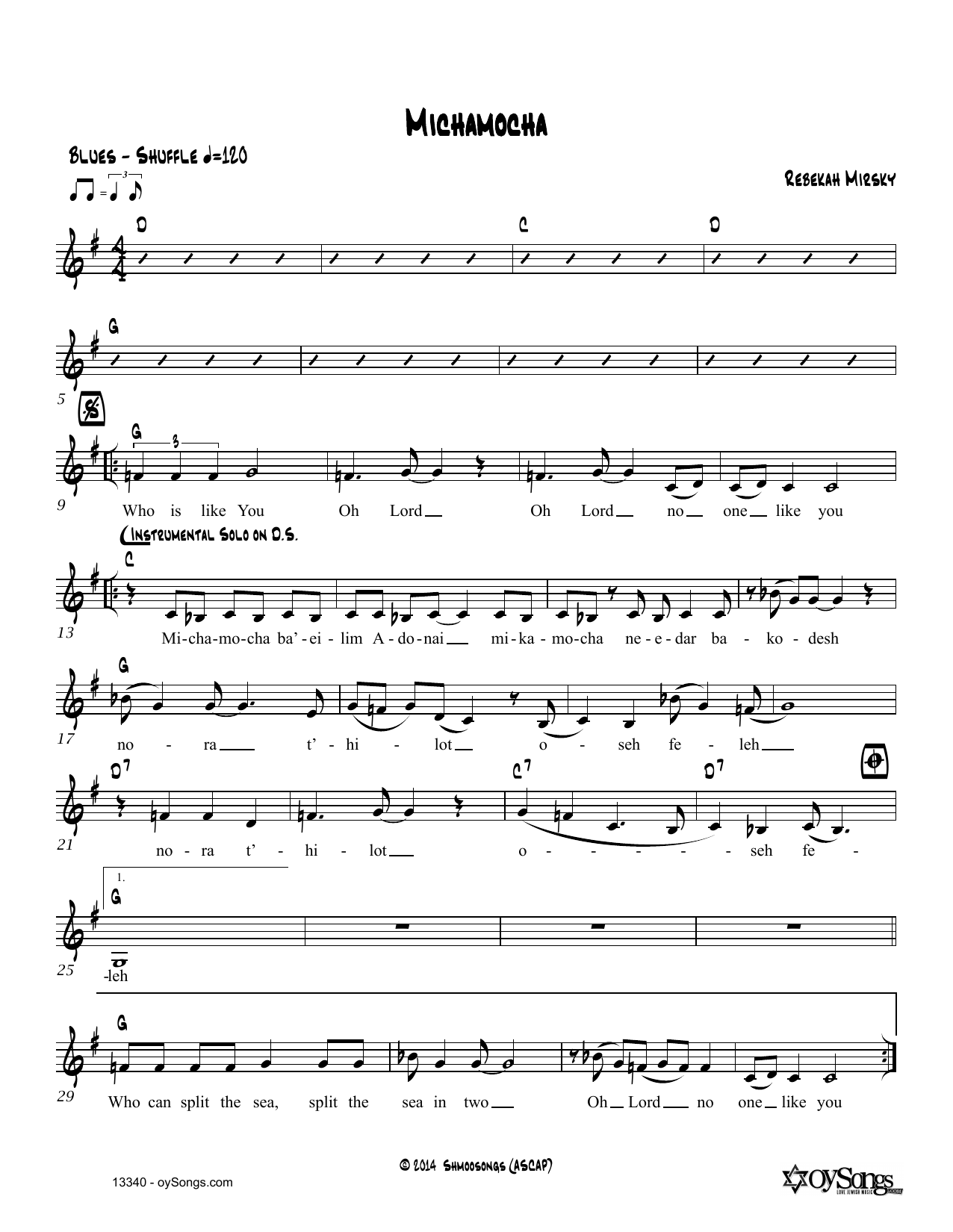 Rebecca Mirsky Mi Chamocha Sheet Music Notes & Chords for Real Book – Melody, Lyrics & Chords - Download or Print PDF