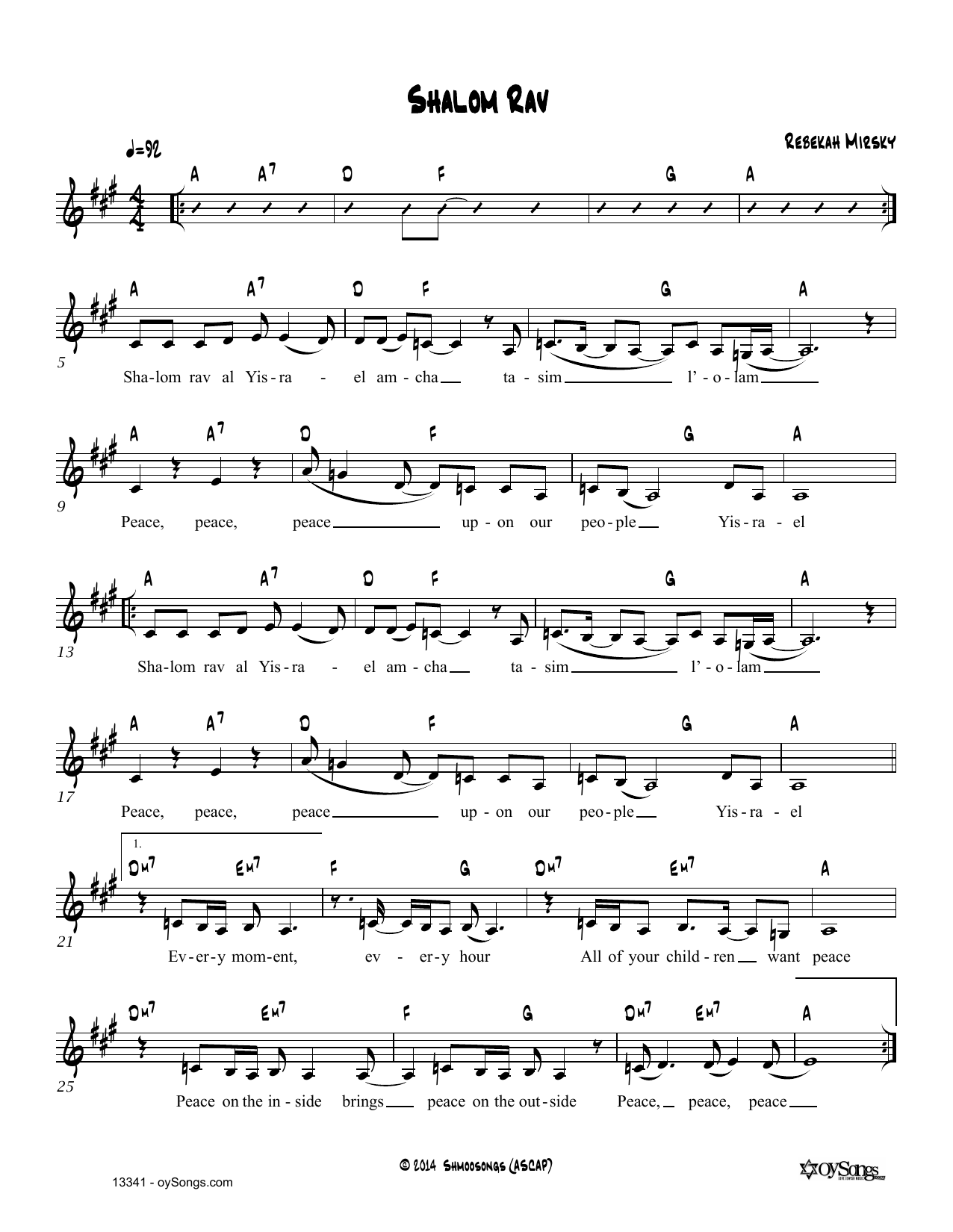 Rebecca Mirsky Shalom Rav Sheet Music Notes & Chords for Real Book – Melody, Lyrics & Chords - Download or Print PDF