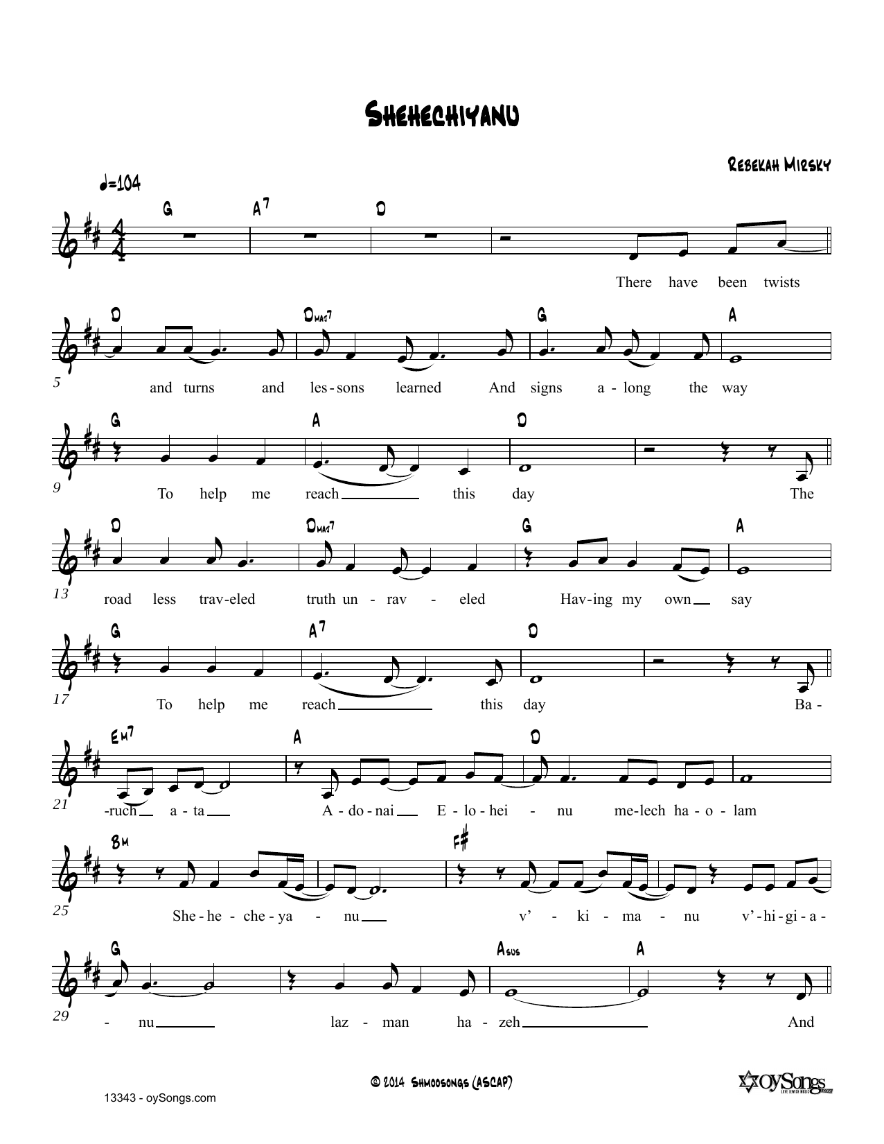 Rebecca Mirsky Shehechiyanu Sheet Music Notes & Chords for Real Book – Melody, Lyrics & Chords - Download or Print PDF