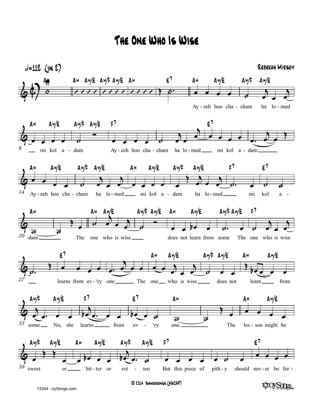 Rebecca Mirsky The One Who Is Wise Sheet Music Notes & Chords for Real Book – Melody, Lyrics & Chords - Download or Print PDF