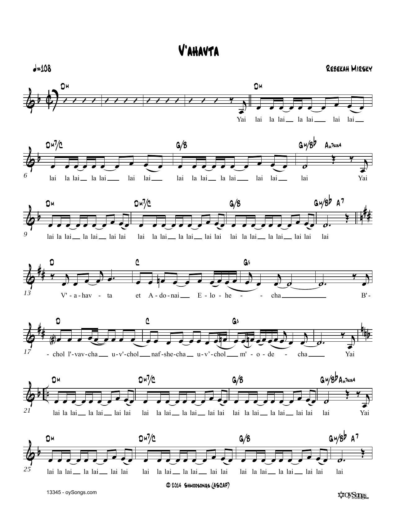 Rebecca Mirsky V'ahavta Sheet Music Notes & Chords for Real Book – Melody, Lyrics & Chords - Download or Print PDF