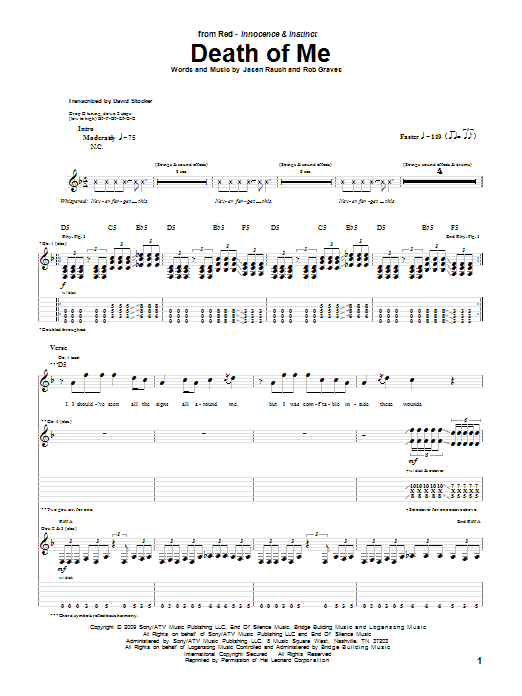 RED Death Of Me Sheet Music Notes & Chords for Guitar Tab - Download or Print PDF