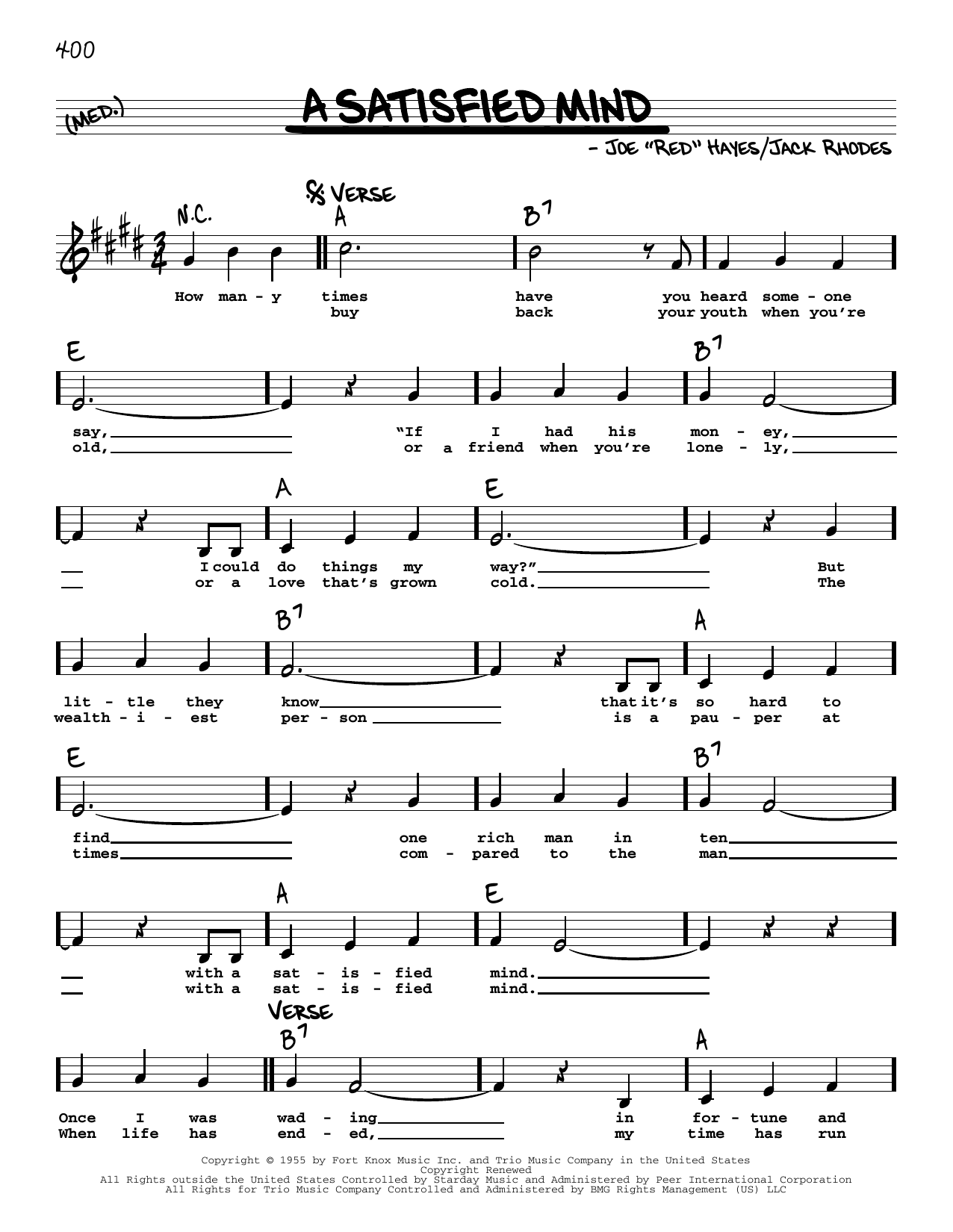 Red Foley & Betty Foley A Satisfied Mind Sheet Music Notes & Chords for Real Book – Melody, Lyrics & Chords - Download or Print PDF