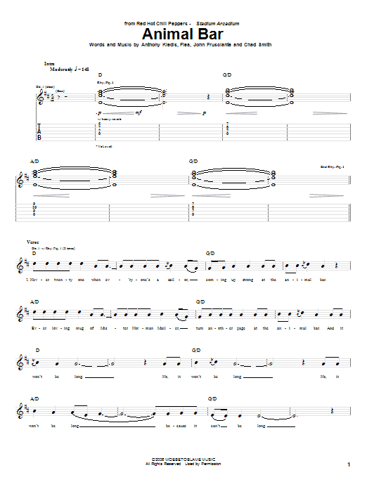 Red Hot Chili Peppers Animal Bar Sheet Music Notes & Chords for Bass Guitar Tab - Download or Print PDF