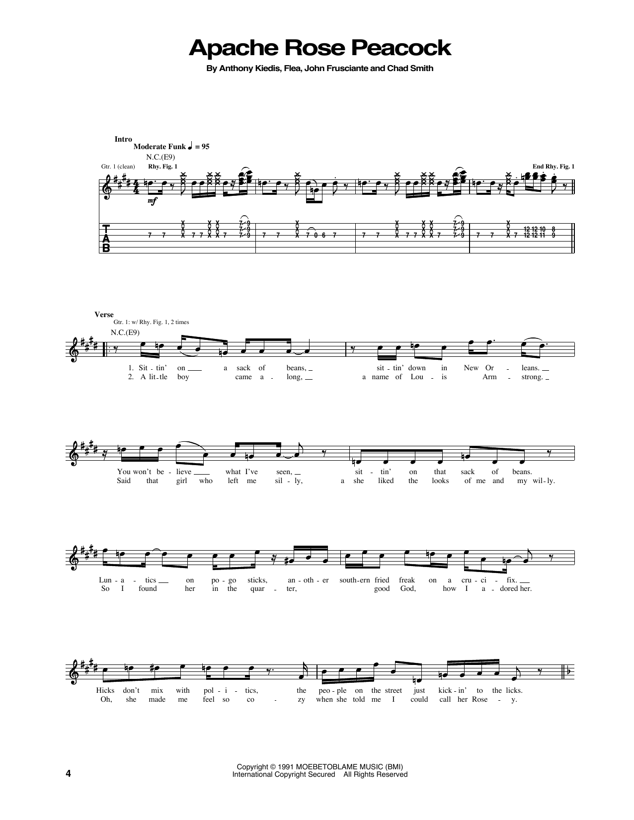 Red Hot Chili Peppers Apache Rose Peacock Sheet Music Notes & Chords for Bass Guitar Tab - Download or Print PDF