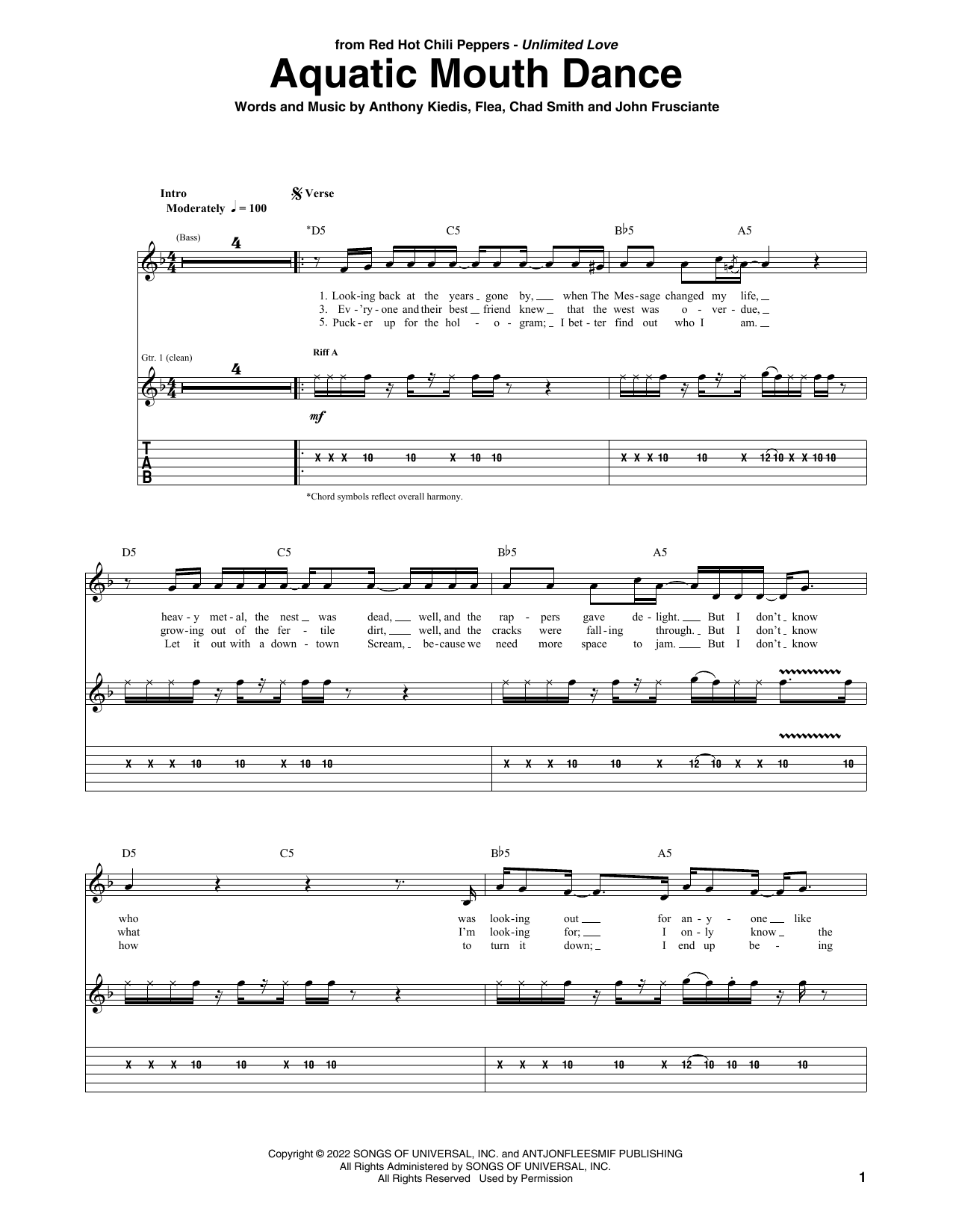 Red Hot Chili Peppers Aquatic Mouth Dance Sheet Music Notes & Chords for Guitar Tab - Download or Print PDF