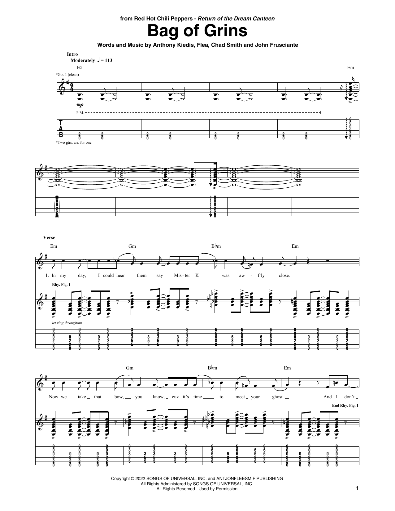 Red Hot Chili Peppers Bag Of Grins Sheet Music Notes & Chords for Guitar Tab - Download or Print PDF