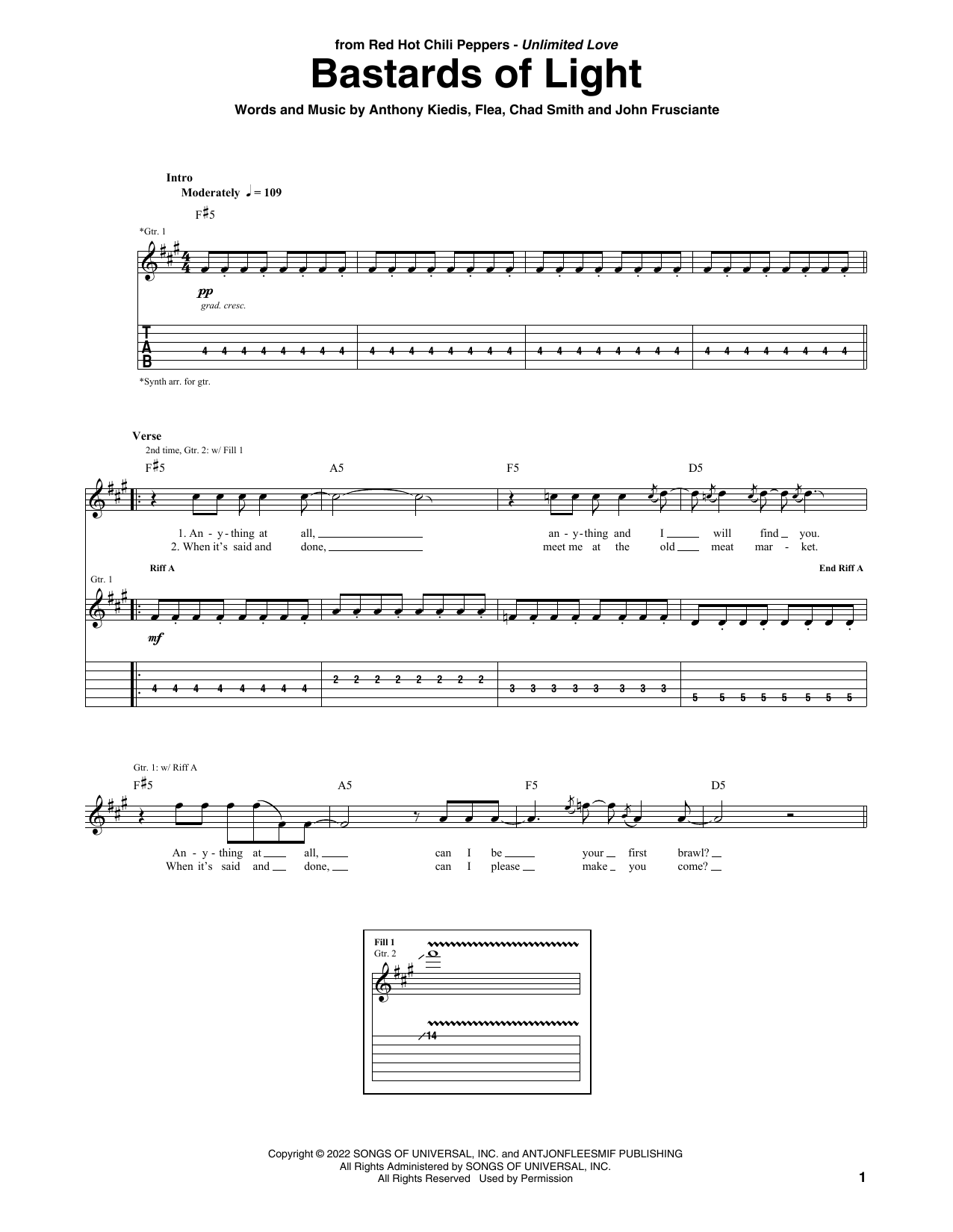 Red Hot Chili Peppers Bastards Of Light Sheet Music Notes & Chords for Guitar Tab - Download or Print PDF