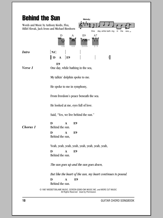 Red Hot Chili Peppers Behind The Sun Sheet Music Notes & Chords for Piano, Vocal & Guitar Chords (Right-Hand Melody) - Download or Print PDF