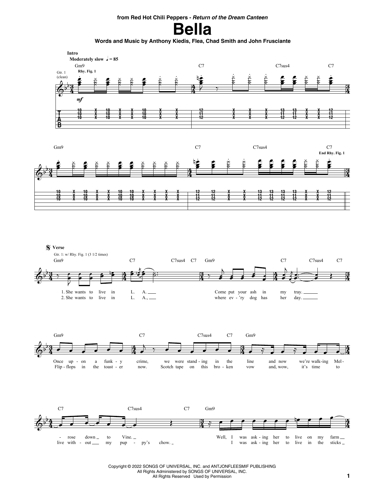 Red Hot Chili Peppers Bella Sheet Music Notes & Chords for Guitar Tab - Download or Print PDF