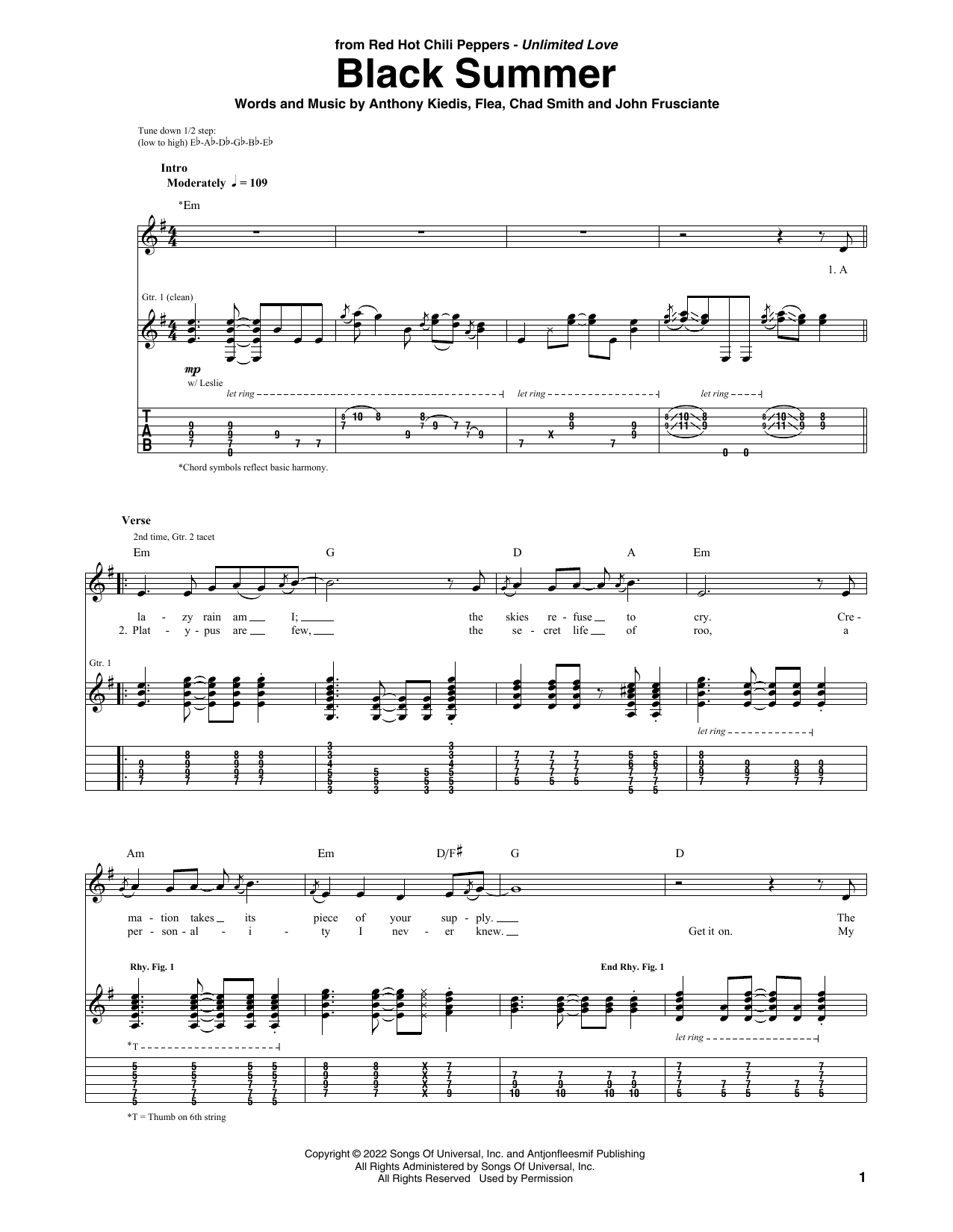 Red Hot Chili Peppers Black Summer Sheet Music Notes & Chords for Guitar Tab - Download or Print PDF