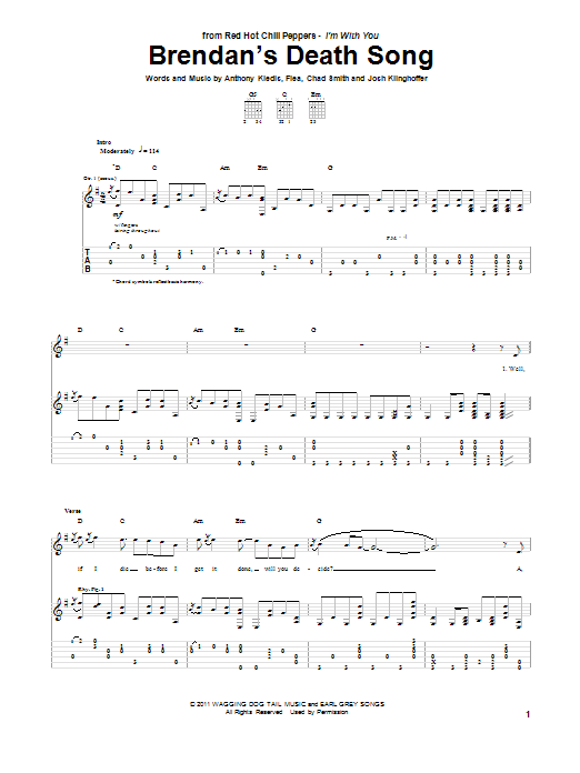 Red Hot Chili Peppers Brendan's Death Song Sheet Music Notes & Chords for Piano, Vocal & Guitar (Right-Hand Melody) - Download or Print PDF