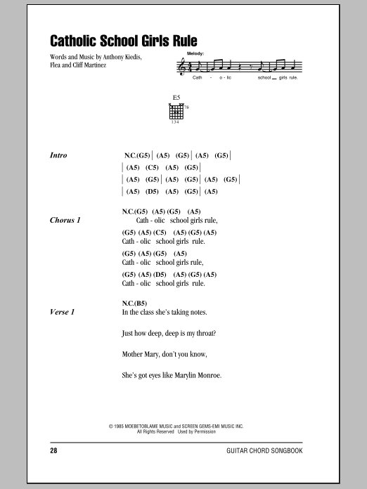 Red Hot Chili Peppers Catholic School Girls Rule Sheet Music Notes & Chords for Lyrics & Chords - Download or Print PDF