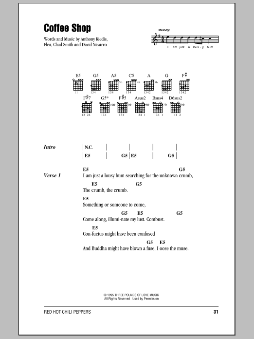 Red Hot Chili Peppers Coffee Shop Sheet Music Notes & Chords for Guitar Tab - Download or Print PDF
