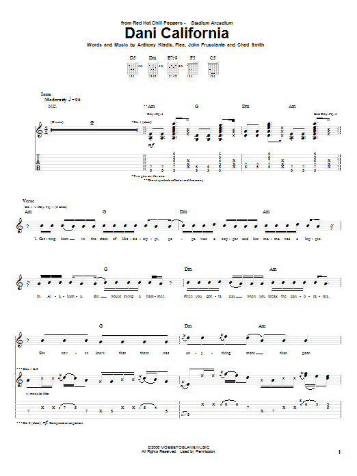 Red Hot Chili Peppers Dani California Sheet Music Notes & Chords for Easy Guitar Tab - Download or Print PDF