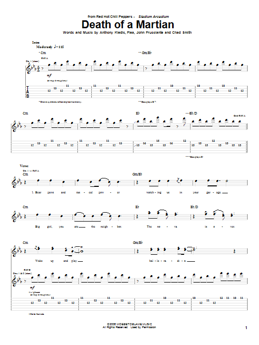 Red Hot Chili Peppers Death Of A Martian Sheet Music Notes & Chords for Bass Guitar Tab - Download or Print PDF
