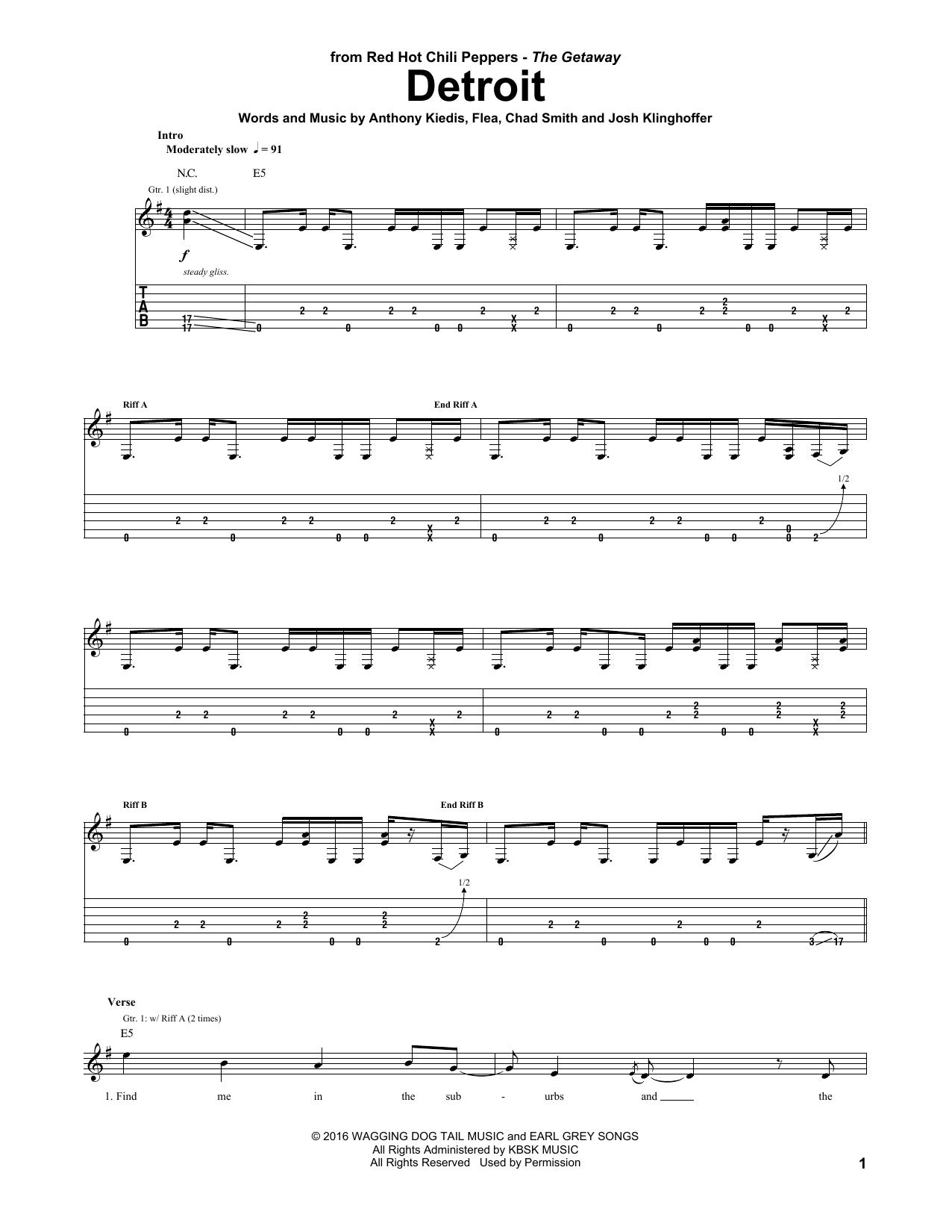 Red Hot Chili Peppers Detroit Sheet Music Notes & Chords for Guitar Tab - Download or Print PDF