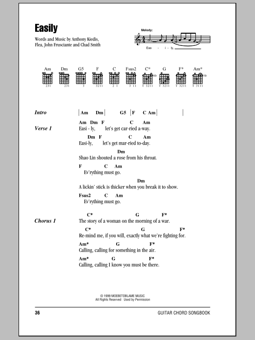 Red Hot Chili Peppers Easily Sheet Music Notes & Chords for Lyrics & Chords - Download or Print PDF