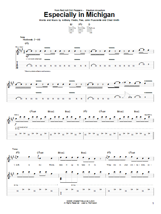 Red Hot Chili Peppers Especially In Michigan Sheet Music Notes & Chords for Bass Guitar Tab - Download or Print PDF