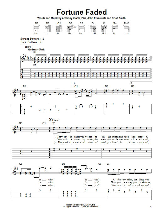 Red Hot Chili Peppers Fortune Faded Sheet Music Notes & Chords for Guitar Tab - Download or Print PDF