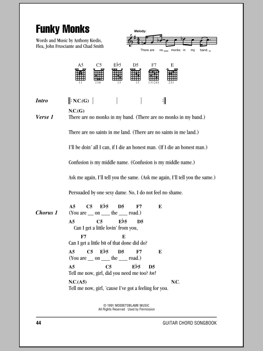 Red Hot Chili Peppers Funky Monks Sheet Music Notes & Chords for Lyrics & Chords - Download or Print PDF
