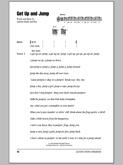 Red Hot Chili Peppers Get Up And Jump Sheet Music Notes & Chords for Lyrics & Chords - Download or Print PDF