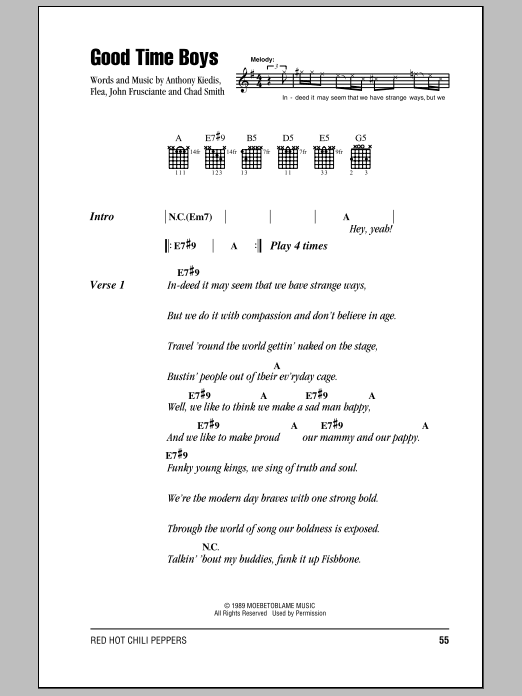 Red Hot Chili Peppers Good Time Boys Sheet Music Notes & Chords for Lyrics & Chords - Download or Print PDF