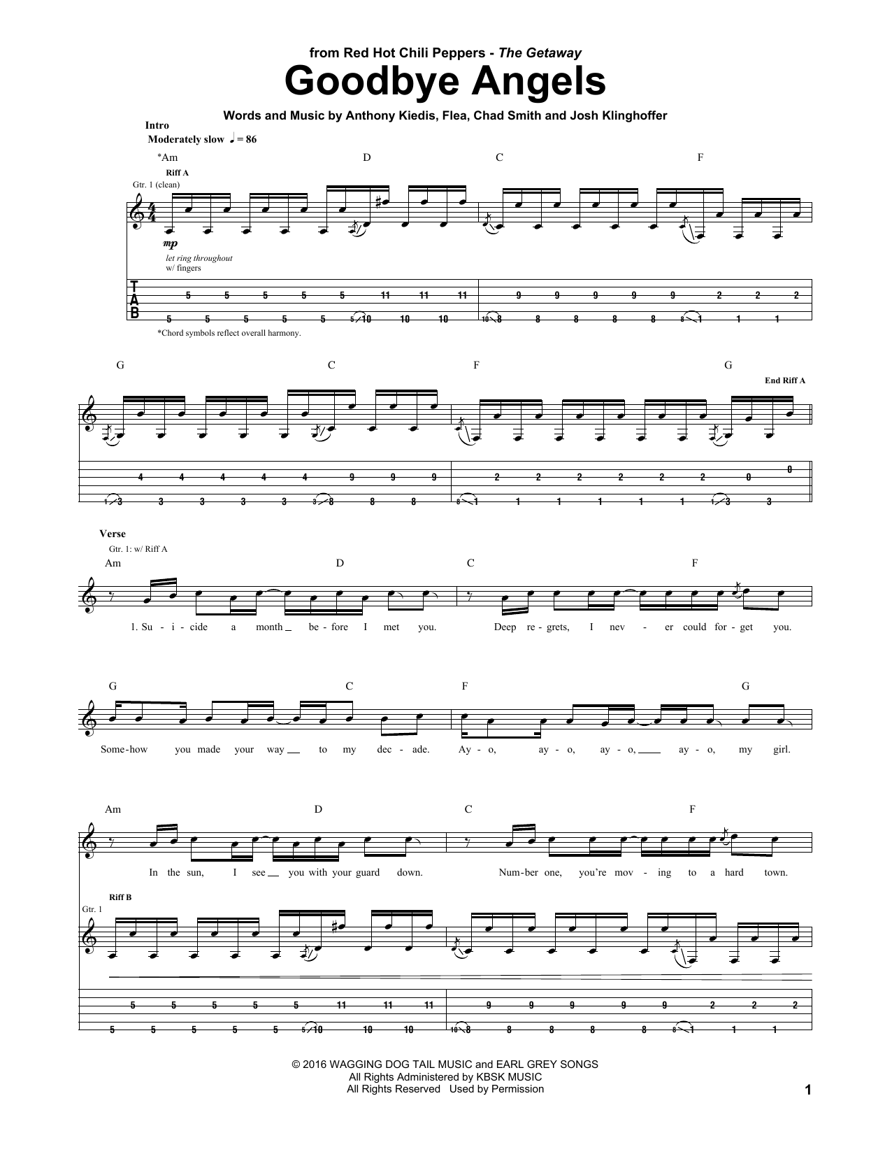 Red Hot Chili Peppers Goodbye Angels Sheet Music Notes & Chords for Guitar Tab - Download or Print PDF