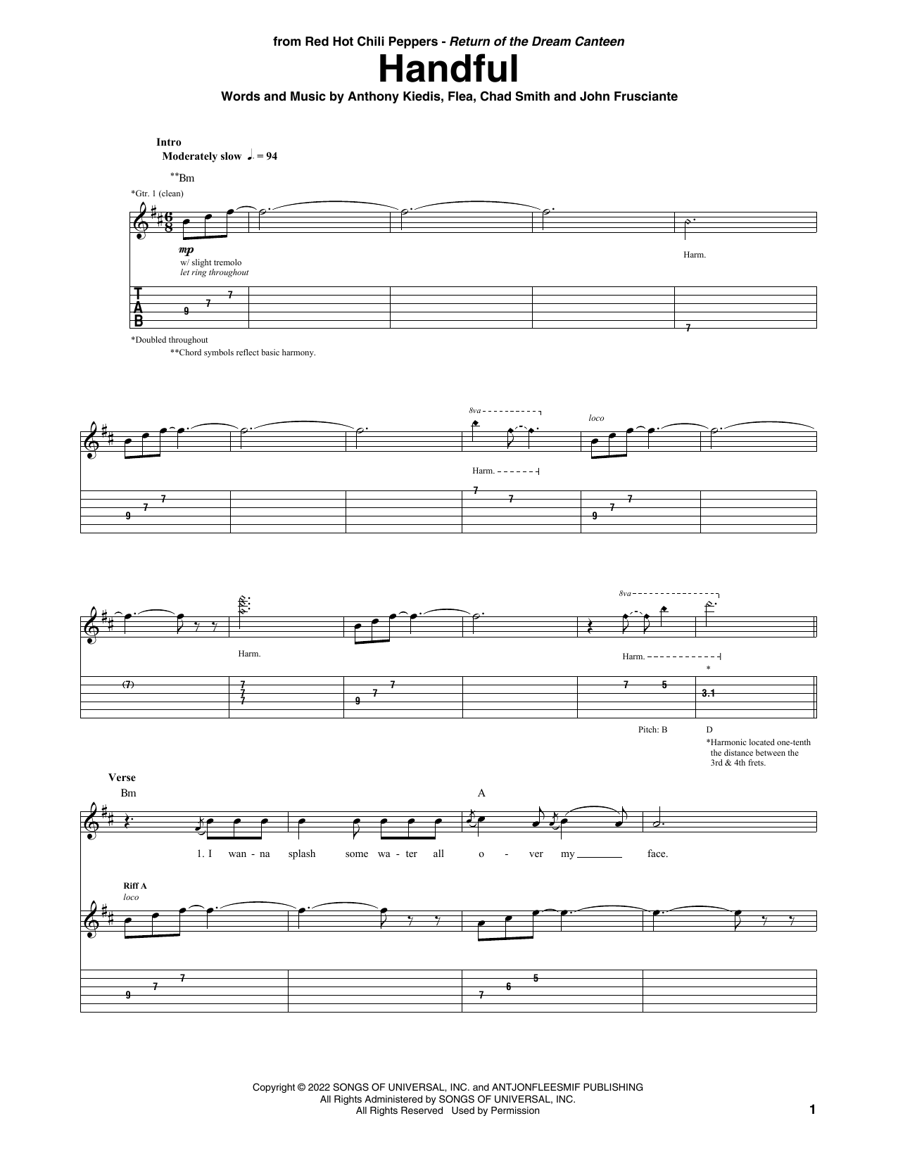 Red Hot Chili Peppers Handful Sheet Music Notes & Chords for Guitar Tab - Download or Print PDF