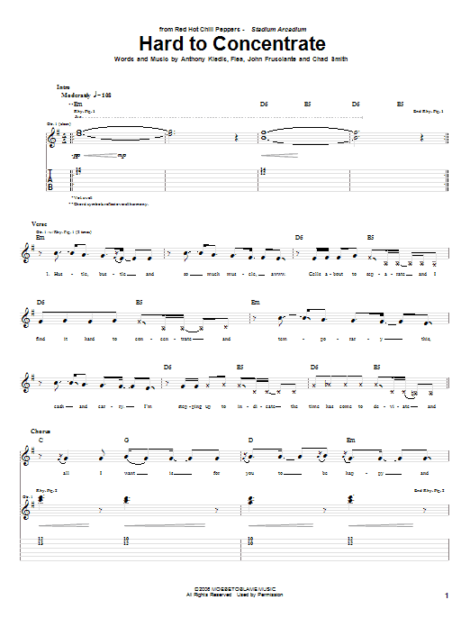 Red Hot Chili Peppers Hard To Concentrate Sheet Music Notes & Chords for Bass Guitar Tab - Download or Print PDF