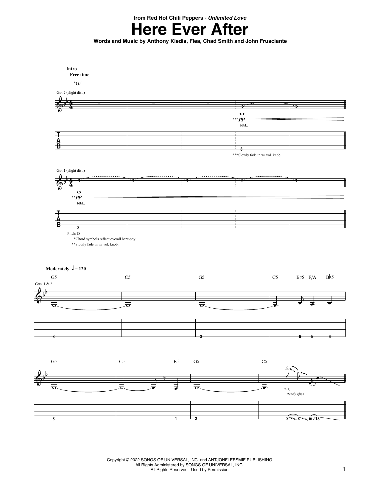 Red Hot Chili Peppers Here Ever After Sheet Music Notes & Chords for Guitar Tab - Download or Print PDF