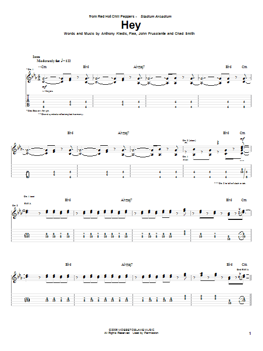 Red Hot Chili Peppers Hey Sheet Music Notes & Chords for Bass Guitar Tab - Download or Print PDF