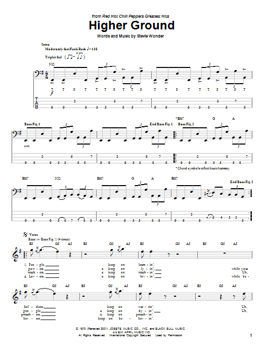 Stevie Wonder Higher Ground Sheet Music Notes & Chords for Bass Guitar Tab - Download or Print PDF