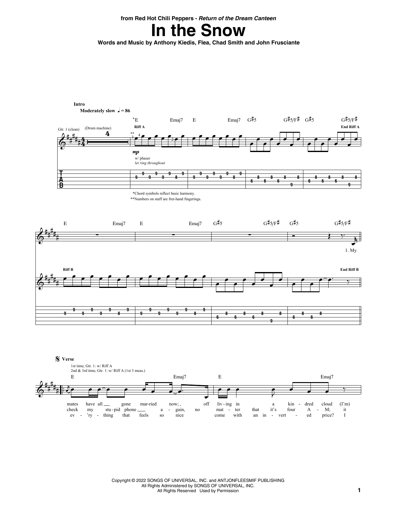 Red Hot Chili Peppers In The Snow Sheet Music Notes & Chords for Guitar Tab - Download or Print PDF