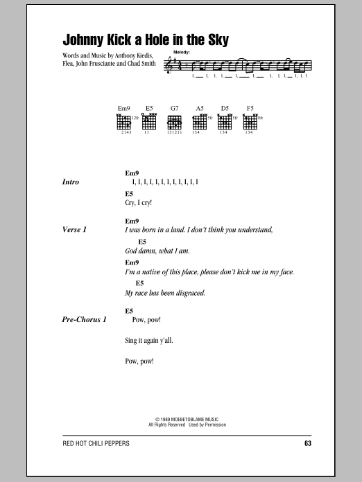 Red Hot Chili Peppers Johnny Kick A Hole In The Sky Sheet Music Notes & Chords for Lyrics & Chords - Download or Print PDF