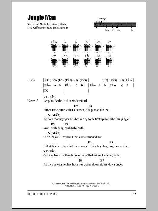 Red Hot Chili Peppers Jungle Man Sheet Music Notes & Chords for Lyrics & Chords - Download or Print PDF