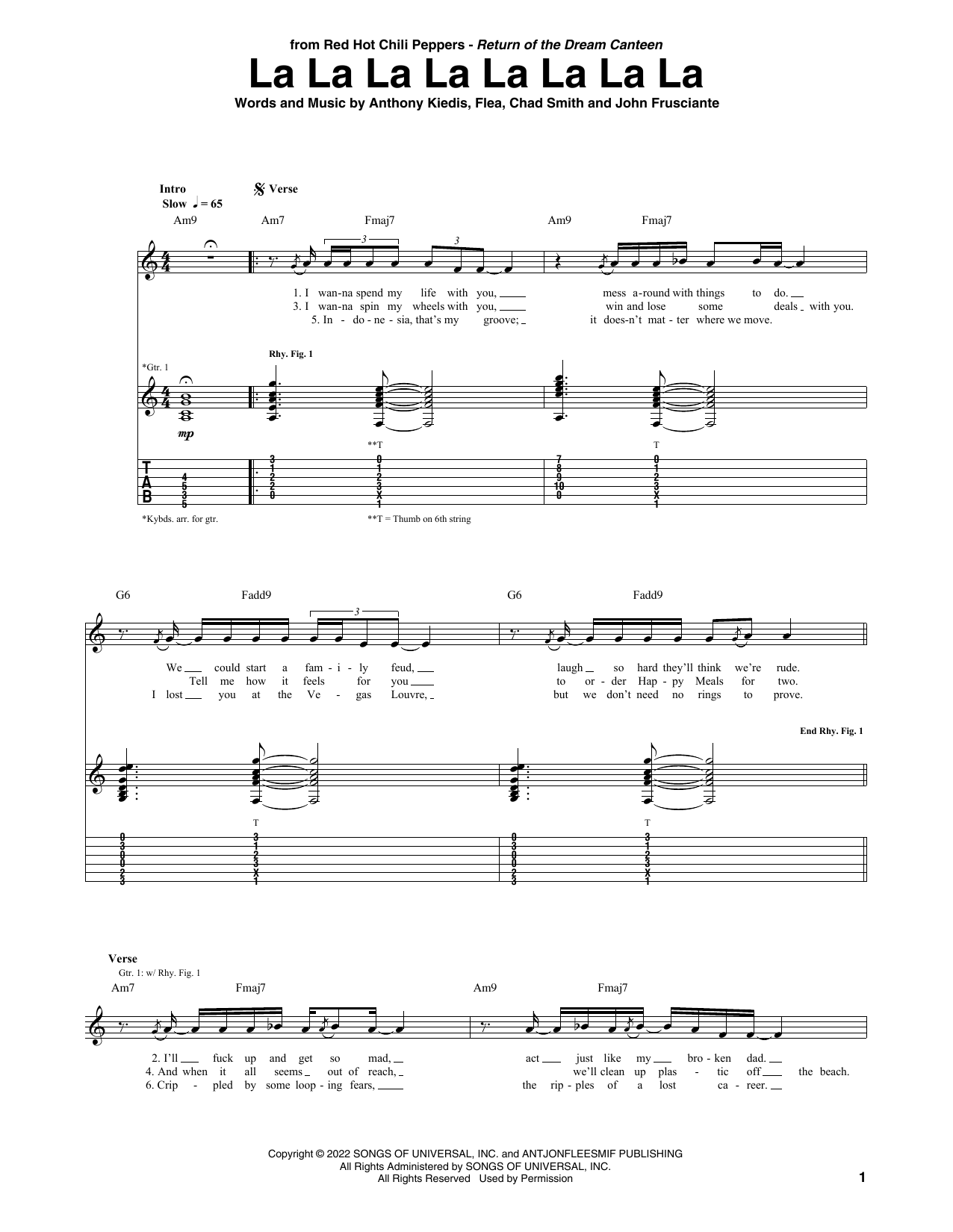 Red Hot Chili Peppers La La La La La La La La Sheet Music Notes & Chords for Guitar Tab - Download or Print PDF