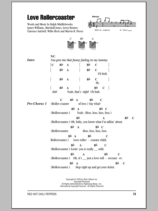 Red Hot Chili Peppers Love Rollercoaster Sheet Music Notes & Chords for Lyrics & Chords - Download or Print PDF