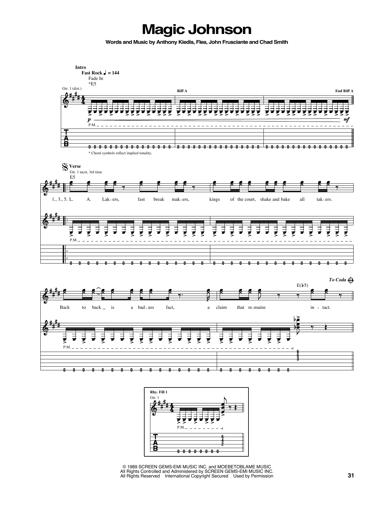 Red Hot Chili Peppers Magic Johnson Sheet Music Notes & Chords for Guitar Tab - Download or Print PDF