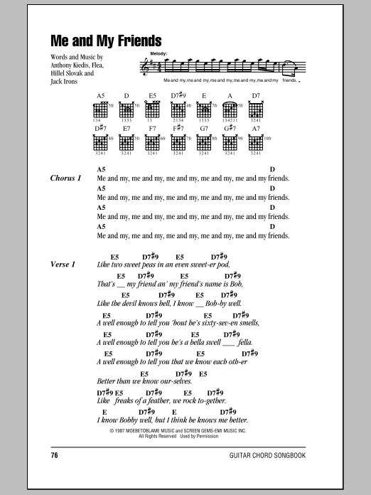 Red Hot Chili Peppers Me And My Friends Sheet Music Notes & Chords for Lyrics & Chords - Download or Print PDF