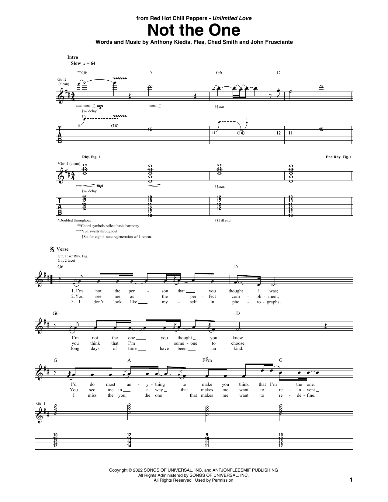 Red Hot Chili Peppers Not The One Sheet Music Notes & Chords for Guitar Tab - Download or Print PDF