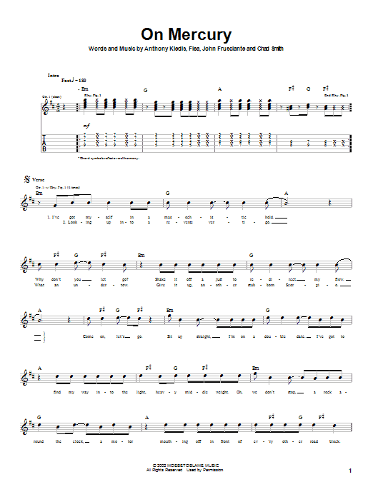 Red Hot Chili Peppers On Mercury Sheet Music Notes & Chords for Guitar Tab - Download or Print PDF