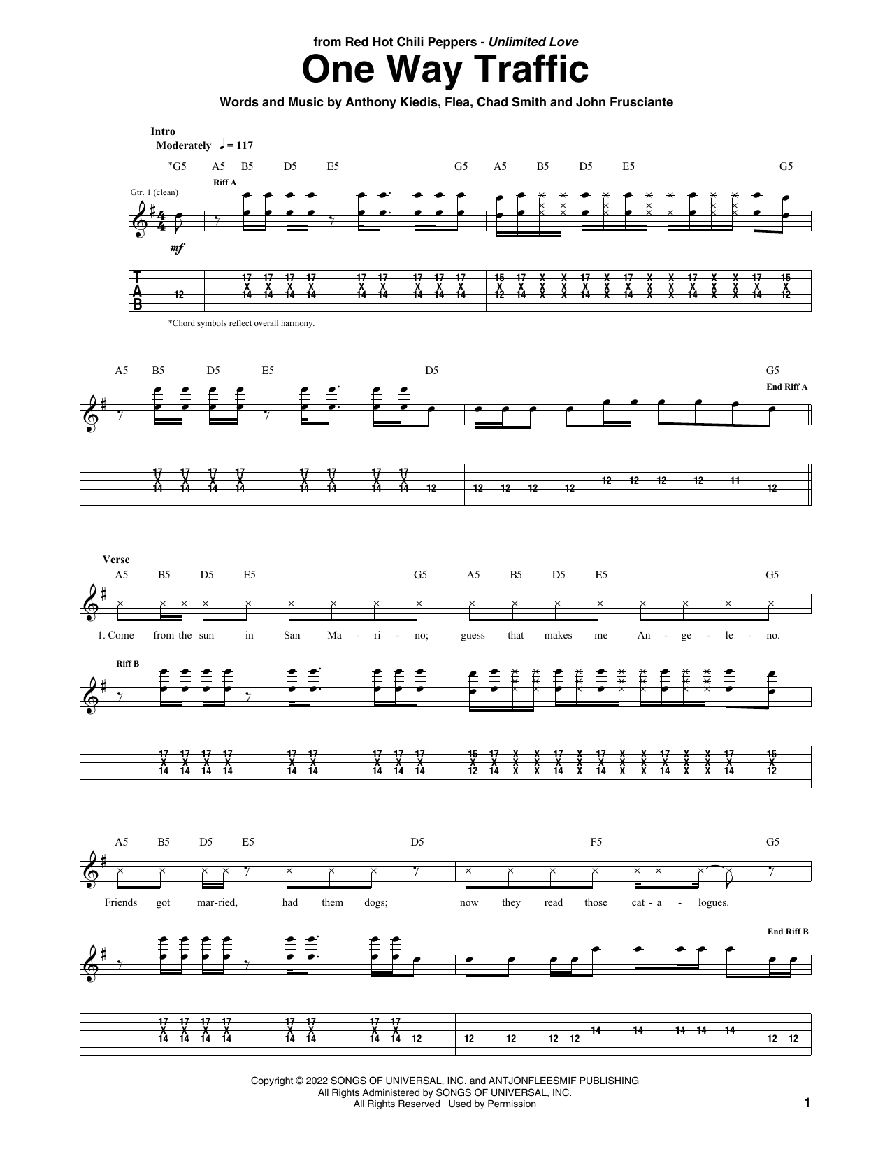 Red Hot Chili Peppers One Way Traffic Sheet Music Notes & Chords for Bass Guitar Tab - Download or Print PDF