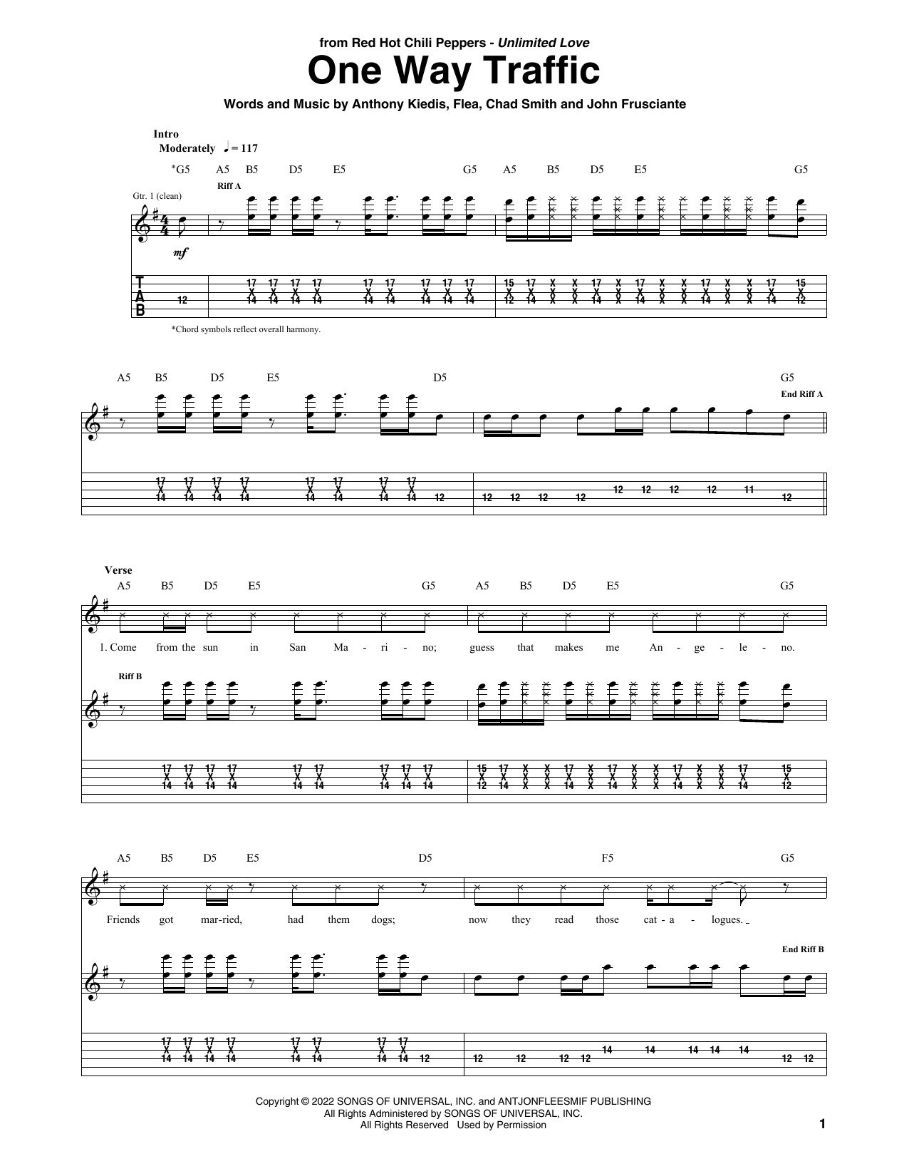 Red Hot Chili Peppers One Way Traffic Sheet Music Notes & Chords for Guitar Tab - Download or Print PDF